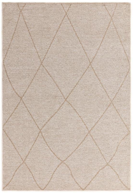 Beige area rug with subtle diamond pattern and textured weave, overhead angle