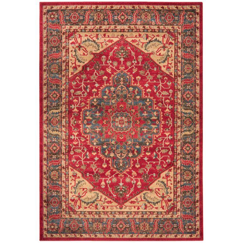Traditional patterned area rug with red, blue, and beige floral medallion design