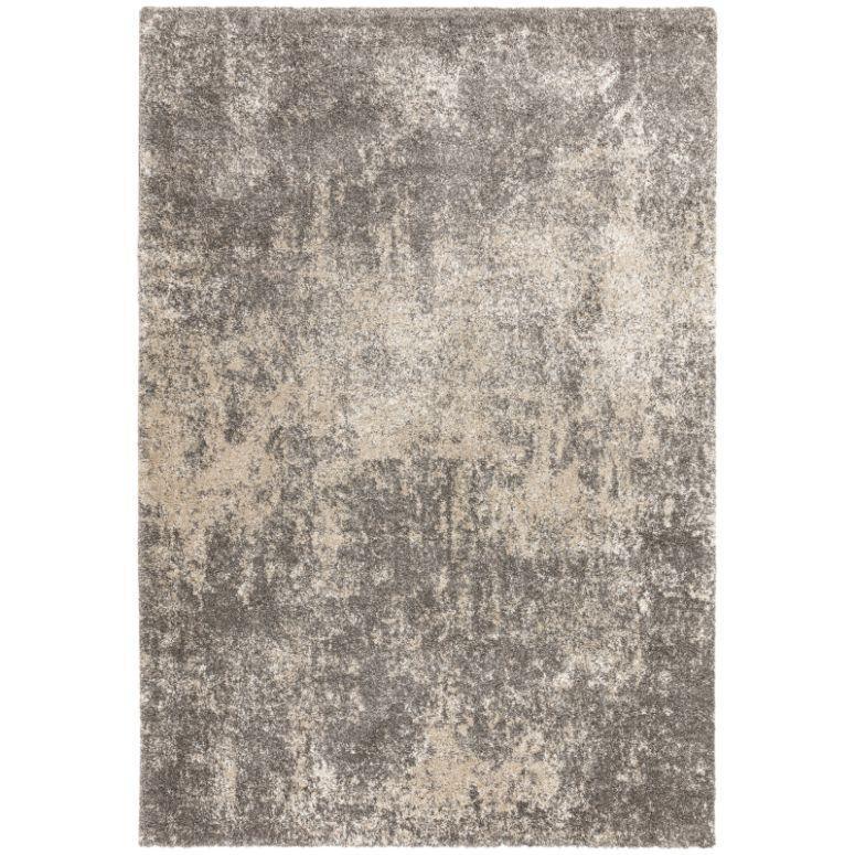 Beige and grey area rug with abstract textured pattern, rectangular shape, top view