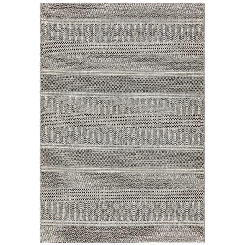 Grey patterned area rug with geometric stripes and textured woven design