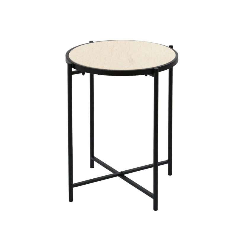 55cm Black Metal End Table with Travertine Marble Top