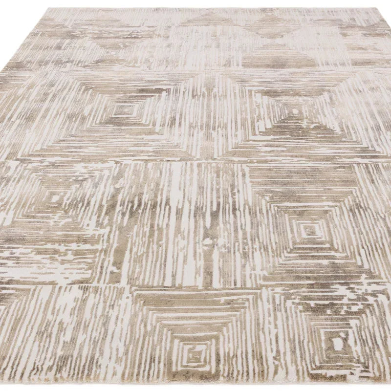 Beige geometric patterned rug with textured square designs