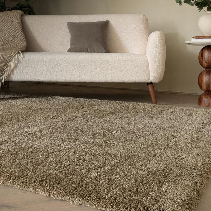 Beige shaggy living room rug on wood floor with cream sofa and brown cushion