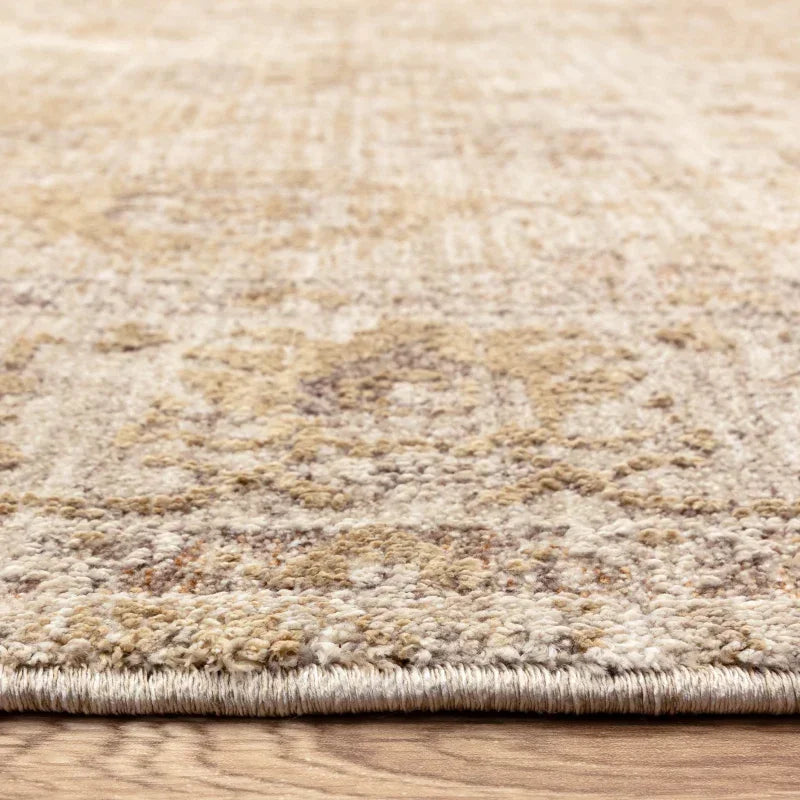 Beige patterned area rug close-up showing texture and low pile on hardwood floor