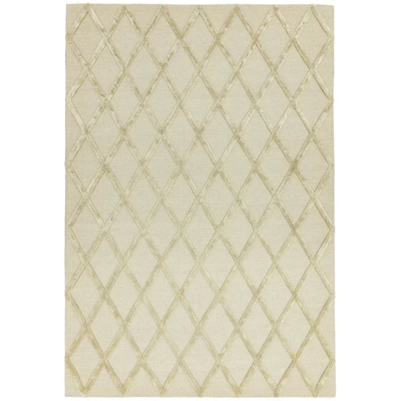 Beige area rug with diamond lattice pattern and soft textured finish