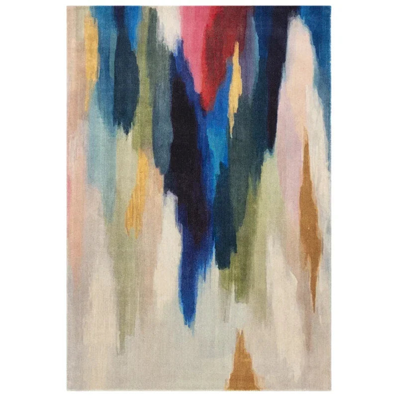 multicolour abstract area rug with blue, red, yellow, and green brushstroke patterns