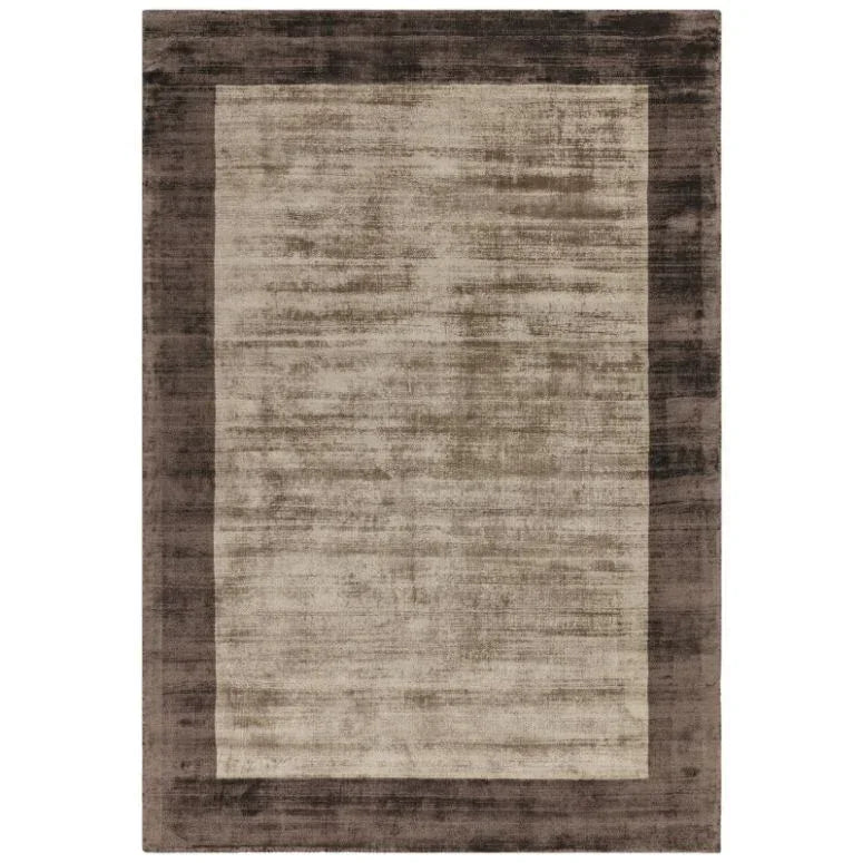 Rectangular modern area rug with beige center and dark brown border