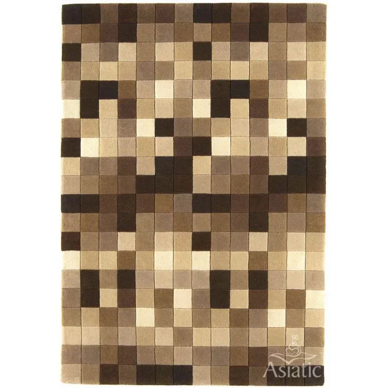 Beige and brown wool rug with geometric checkerboard pattern, overhead view