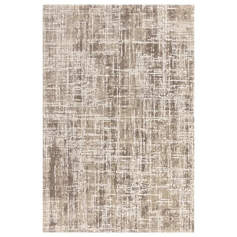 Beige abstract patterned area rug with textured lines for modern living room decor