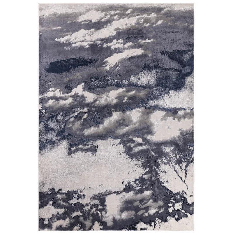 Abstract area rug with grey, black and white cloud pattern design