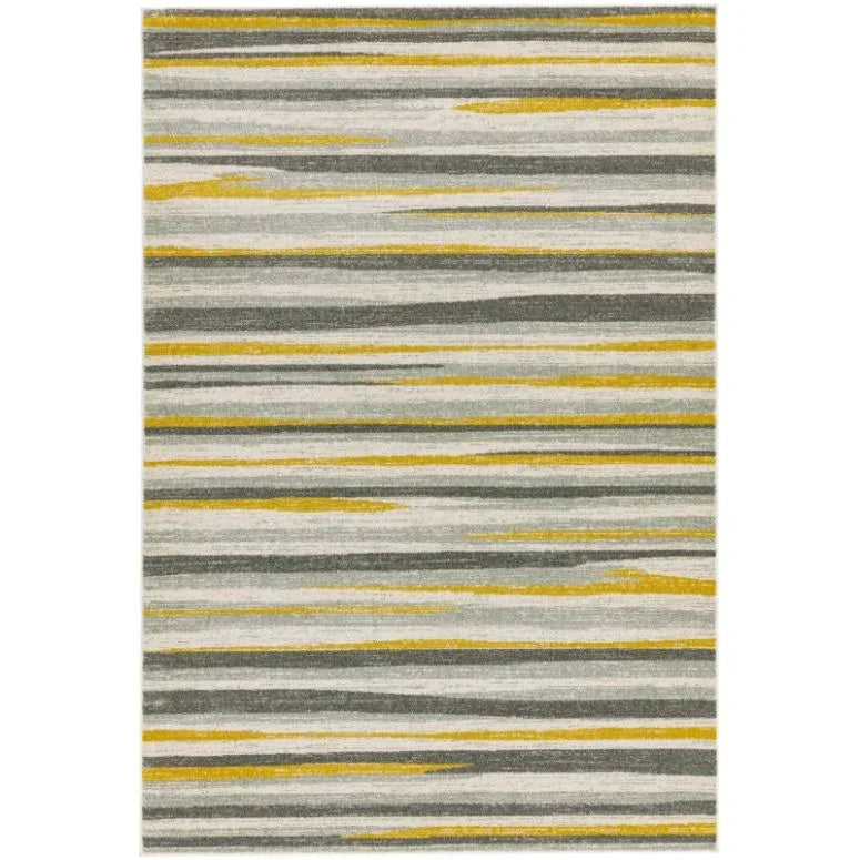 Striped area rug with yellow, grey, and white horizontal lines on a flat surface