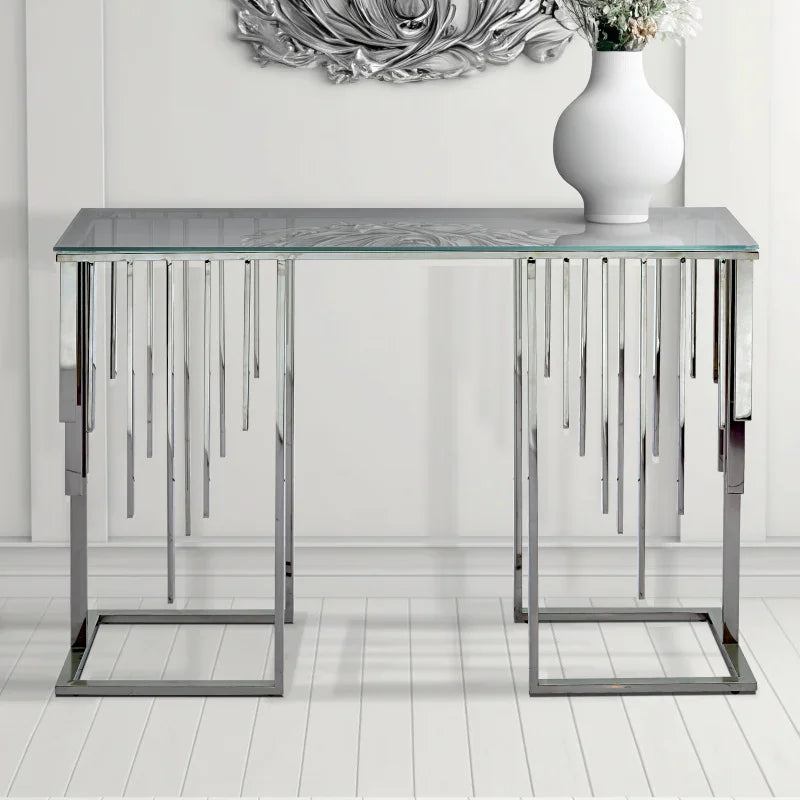 Owen Chrome Metal Console Table with Smoke Glass Top