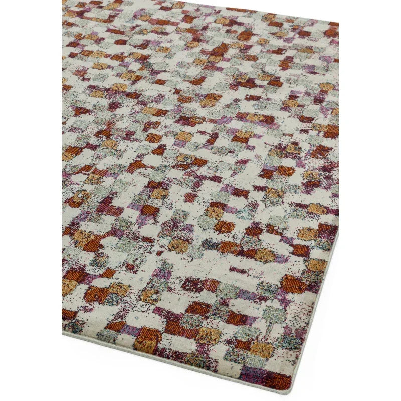 Modern patterned area rug with multicolored geometric blocks on cream background
