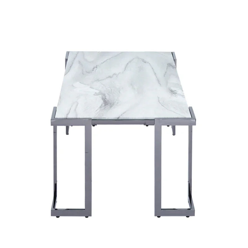 Aamari Grey Gunmetal Coffee Table with White Faux Marble Glass Top - KD