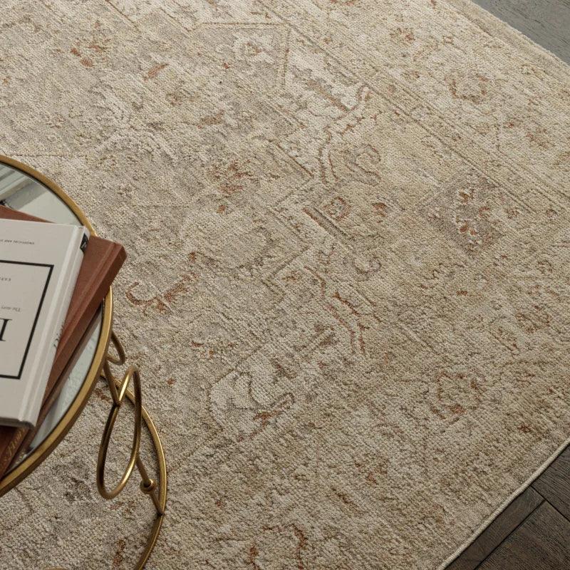 Beige patterned area rug with distressed look beside glass coffee table and books