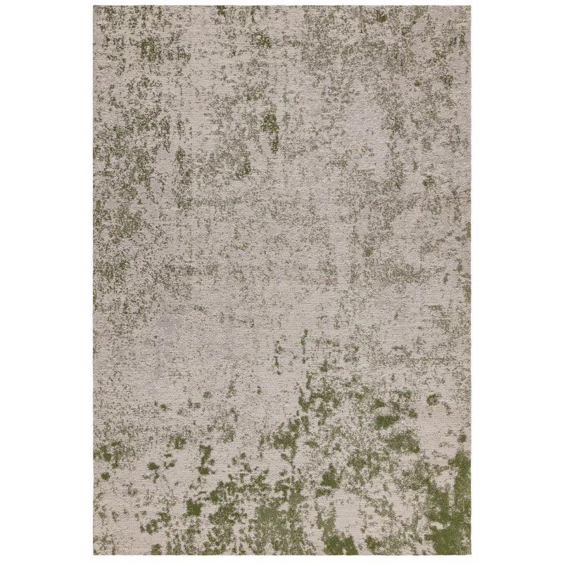 Neutral area rug with distressed green abstract pattern, rectangular view