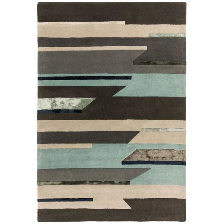 Abstract geometric area rug with green, beige, and brown blocks and lines
