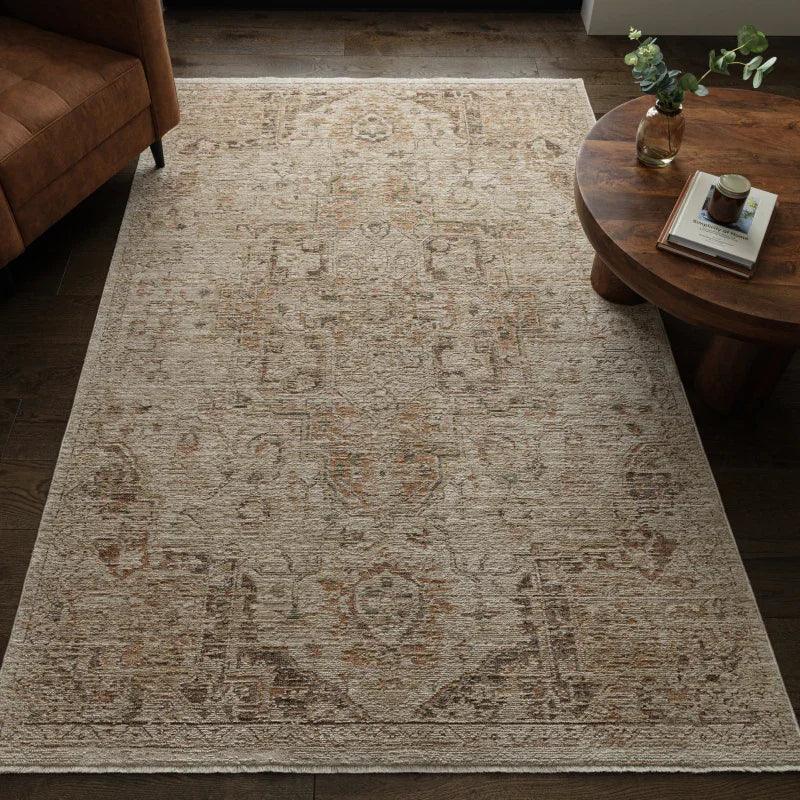 Vintage style area rug with muted beige and taupe pattern under coffee table and sofa