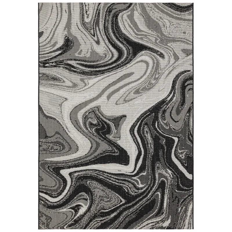 Black and grey abstract swirl pattern area rug with marble effect