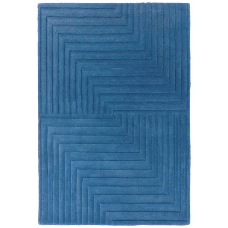 Blue geometric pattern rug with textured lines and rectangular shape