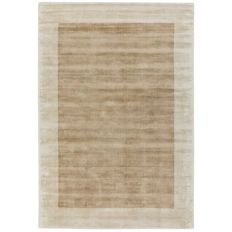 Beige area rug with solid border and subtle texture, rectangular shape, overhead view