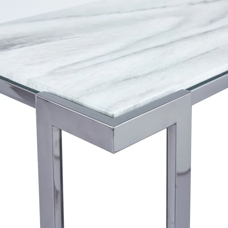 Aamari Grey Gunmetal Console Table with White Faux Marble Glass Top - KD