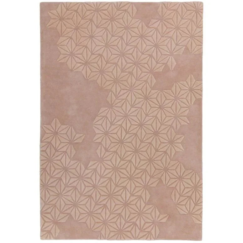 Beige patterned rug with embossed geometric star design, modern home decor accessory