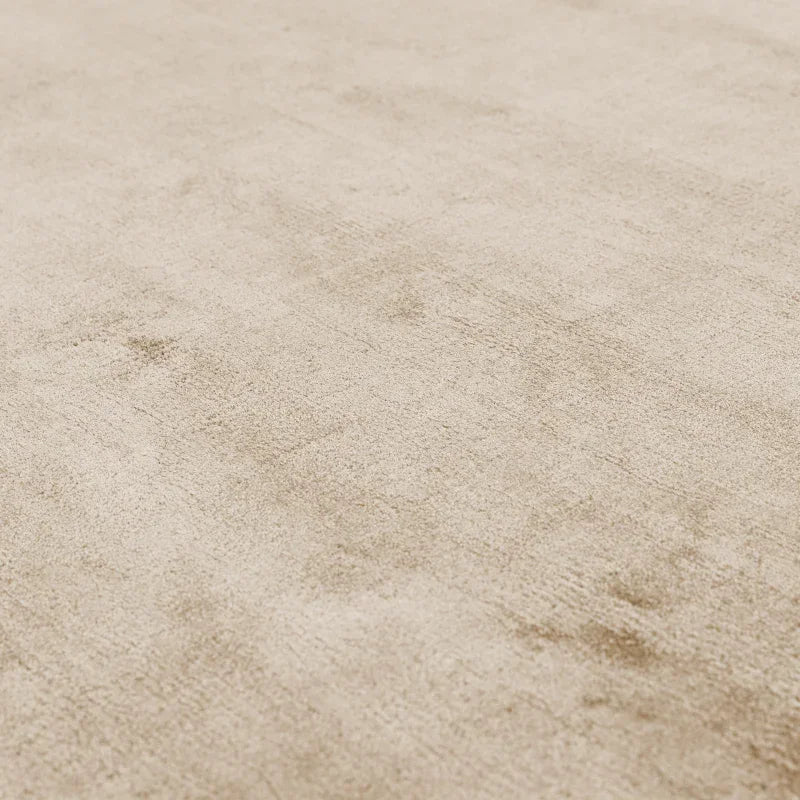 Beige area rug with soft textured surface and subtle sheen