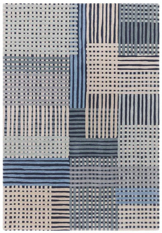 Modern area rug with blue and grey geometric checkered pattern, rectangular shape