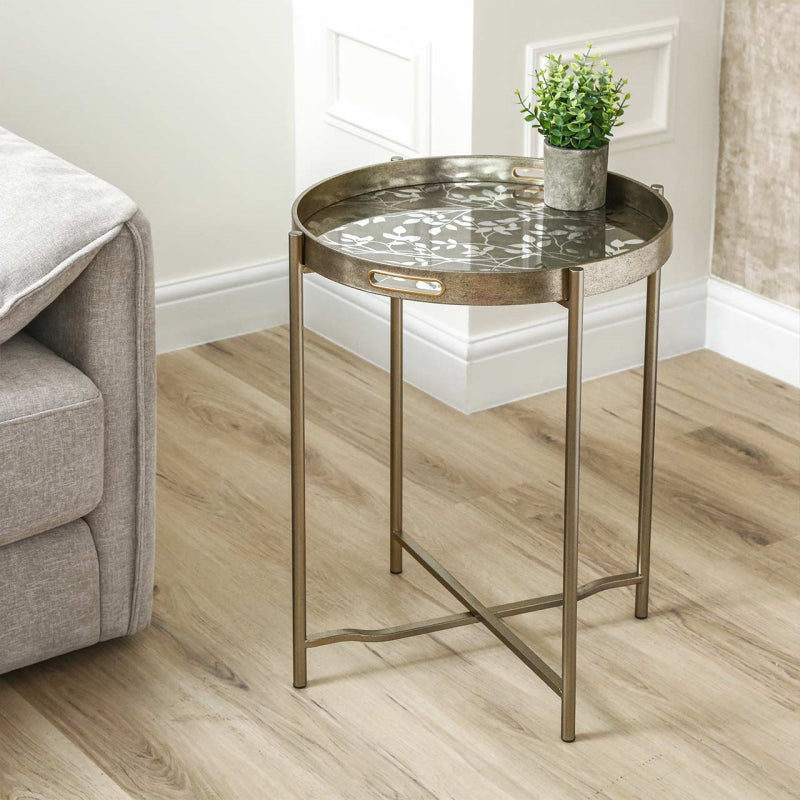 59cm Champagne End Table with Leaves Design Glass Table Top