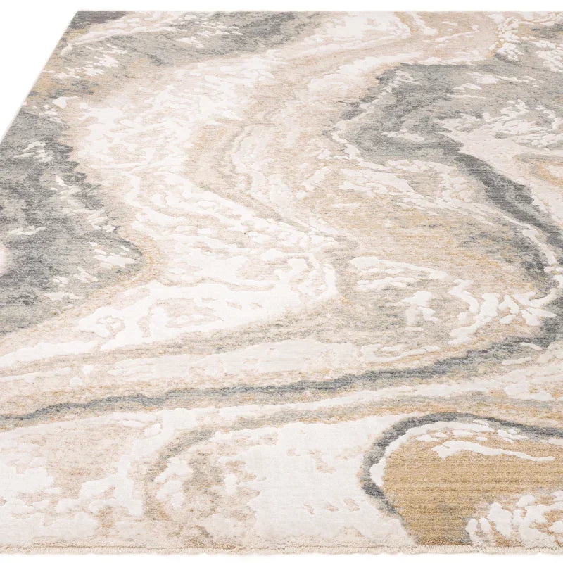 Modern abstract area rug with beige, grey and cream marble pattern