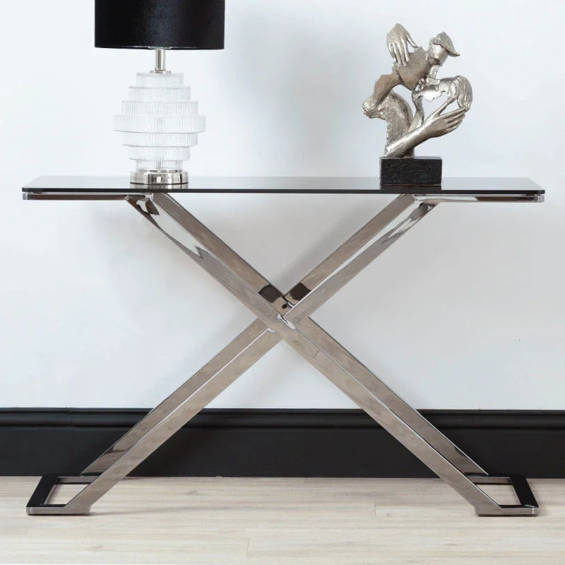Axel Grey Gunmetal Console Table with Smoke Glass Top