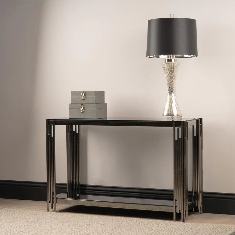 Cohen Black Gunmetal Steel Tubes and Smoke Glass Top Console Table