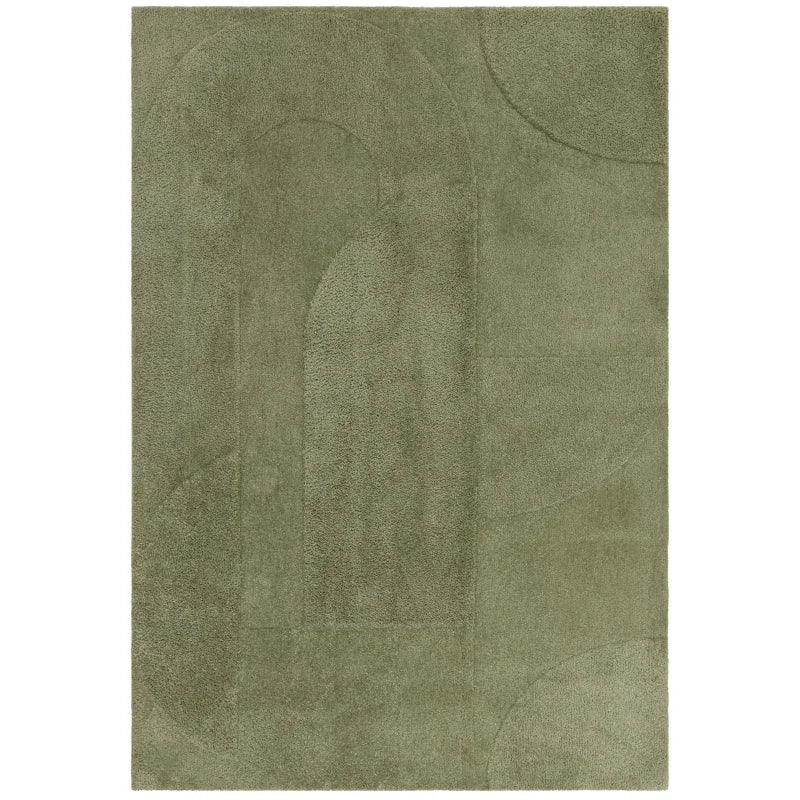 Olive green area rug with subtle geometric pattern and soft textured pile