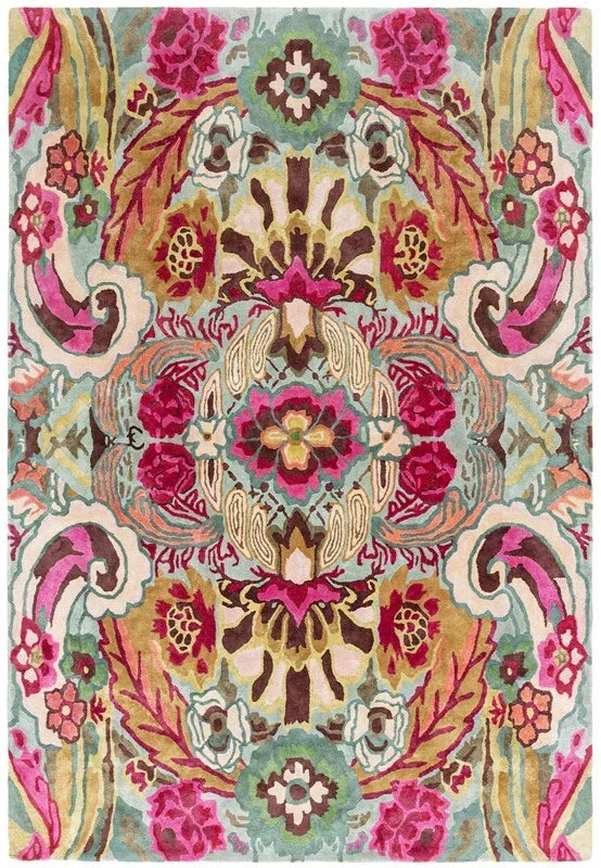Floral patterned area rug with pink, blue, and gold details in symmetrical design