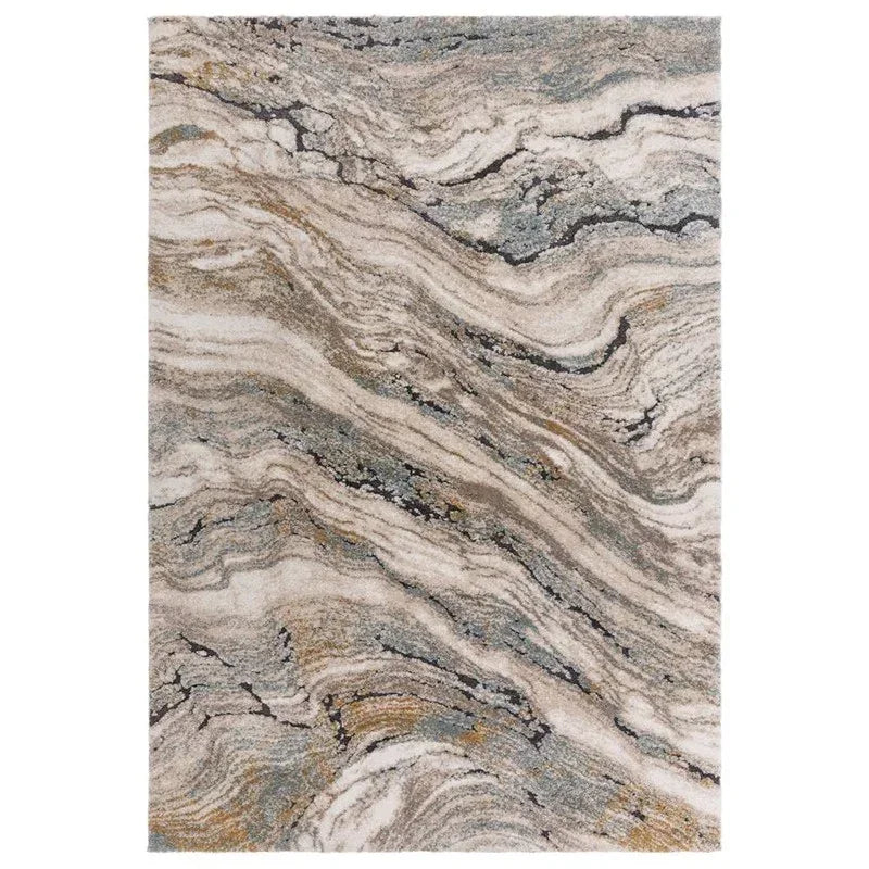 Abstract marble pattern area rug with beige, grey, and gold tones