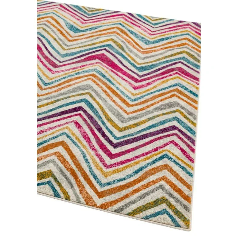 Multicolour chevron patterned rug with zigzag stripes on a white background
