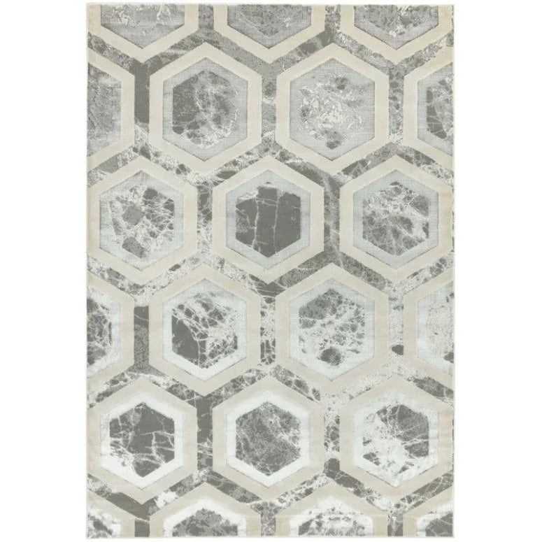 Grey geometric rug with marble hexagon pattern