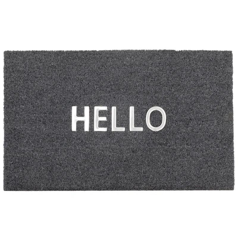 Grey doormat with white HELLO text, rectangular shape, front view
