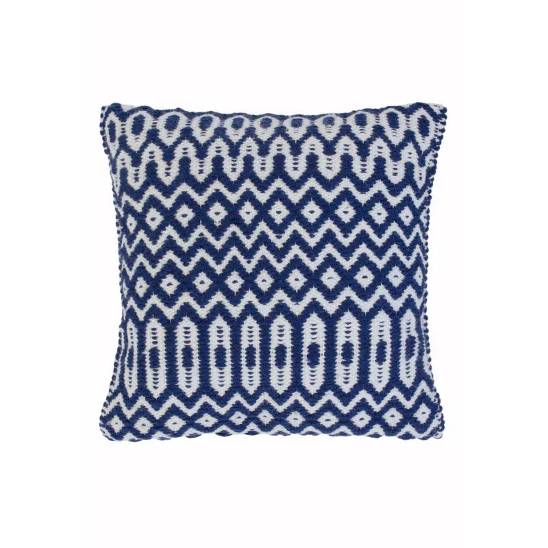 Navy and white geometric patterned cushion with textured fabric front view