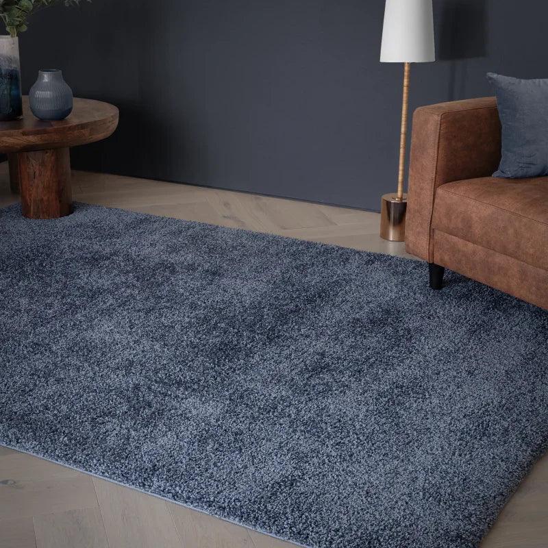 Grey shaggy area rug in modern living room with wooden coffee table and brown sofa