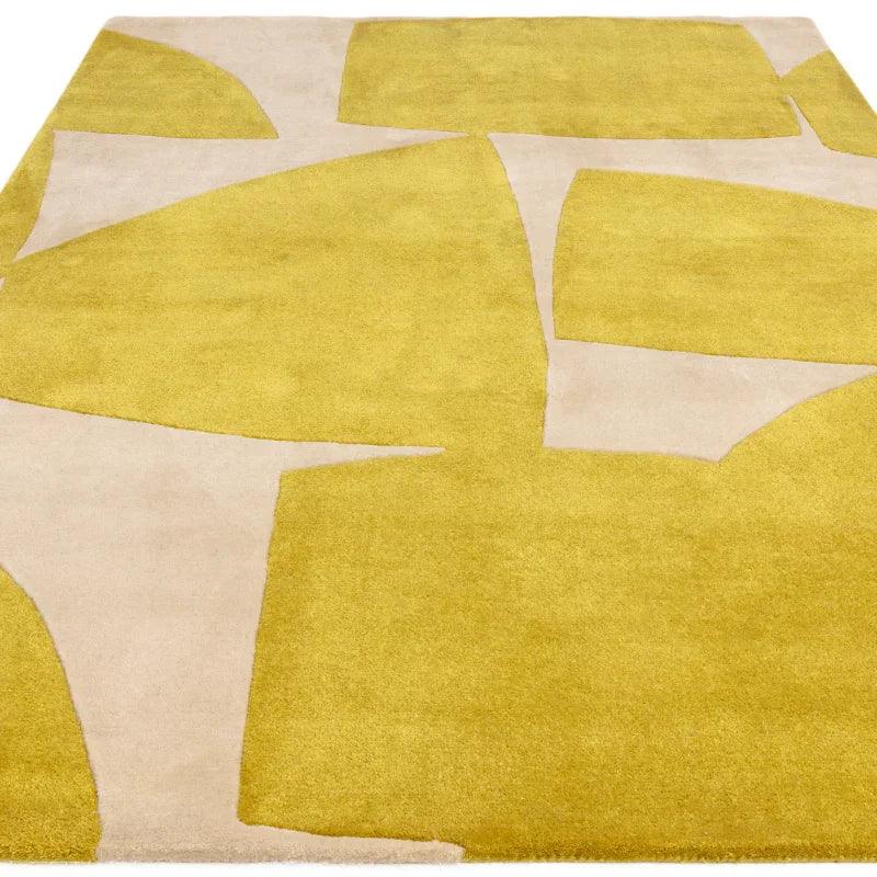 Yellow and beige modern geometric area rug with abstract shapes