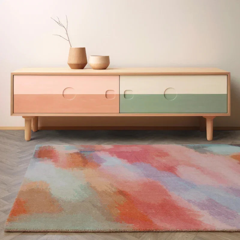 Modern sideboard with pastel drawers and wooden vases, abstract multicolor rug in front