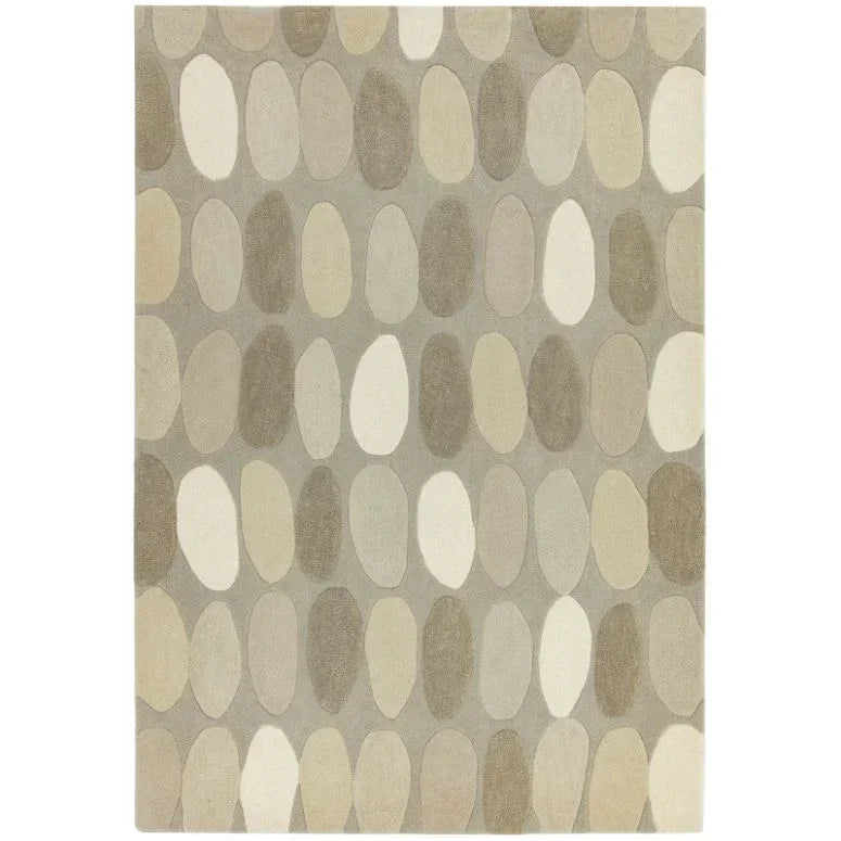 Beige oval pattern area rug with neutral tones and soft texture