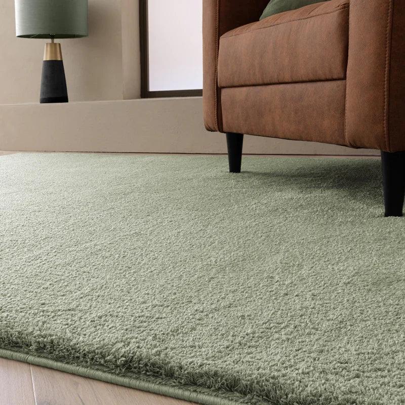 Green area rug in living room with brown upholstered armchair and modern floor lamp