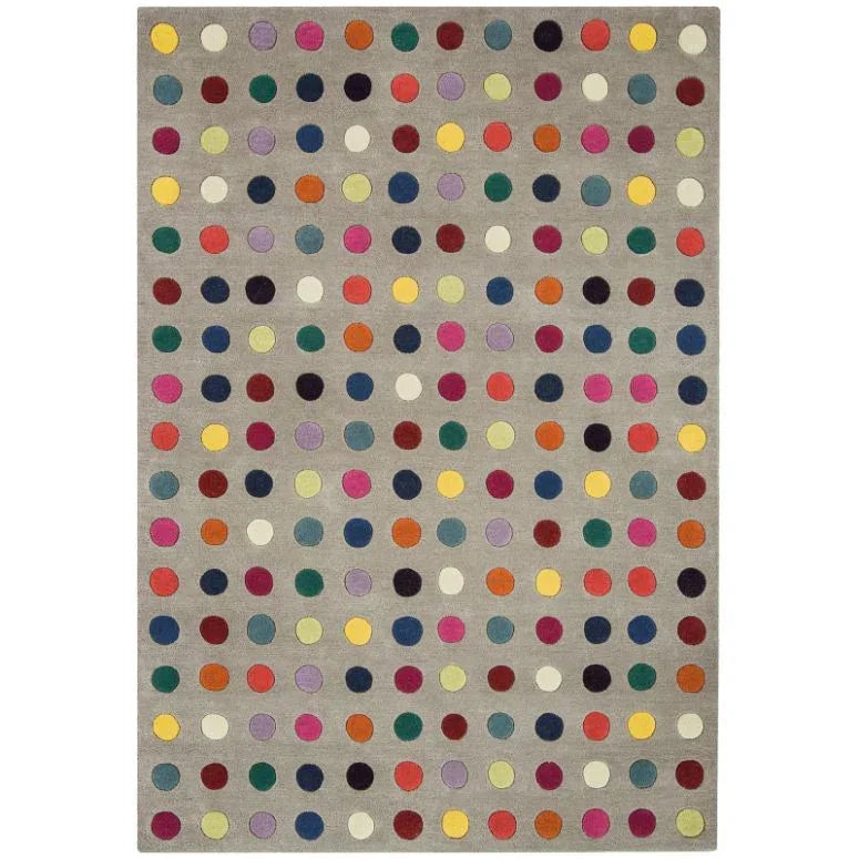 Grey area rug with multicolour polka dot pattern, rectangular design