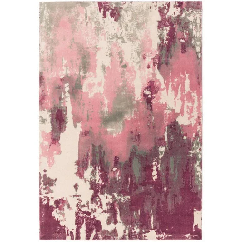 Pink and cream abstract area rug with modern splash pattern and soft texture