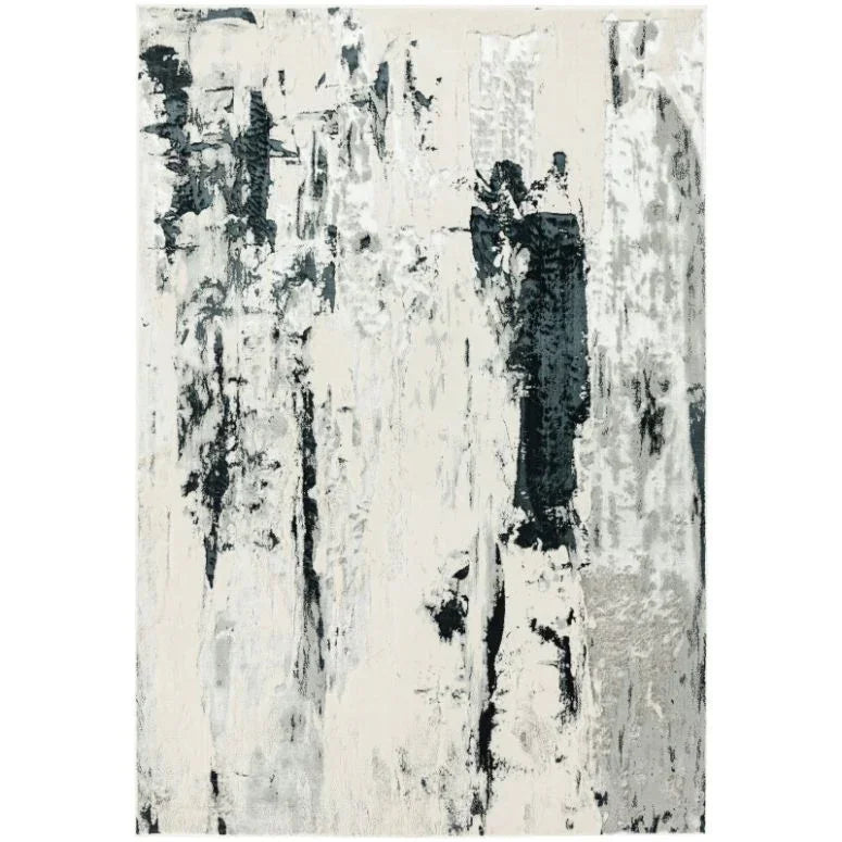 Modern abstract area rug with black, grey and cream pattern