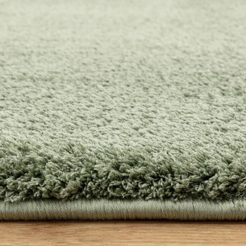 Closeup of green shag area rug with thick pile on wooden floor