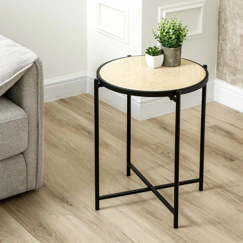 55cm Black Metal End Table with Travertine Marble Top